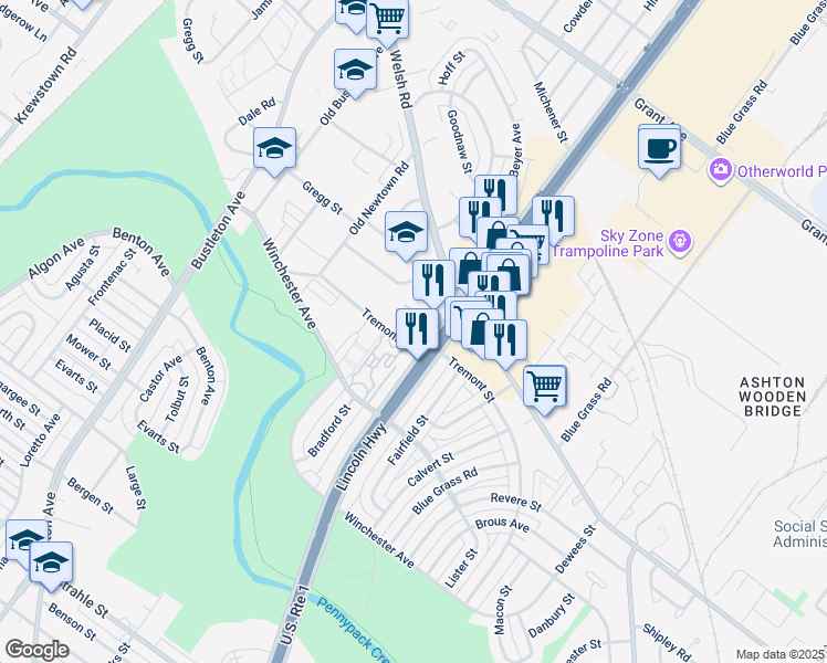 map of restaurants, bars, coffee shops, grocery stores, and more near 1963 Tremont Street in Philadelphia