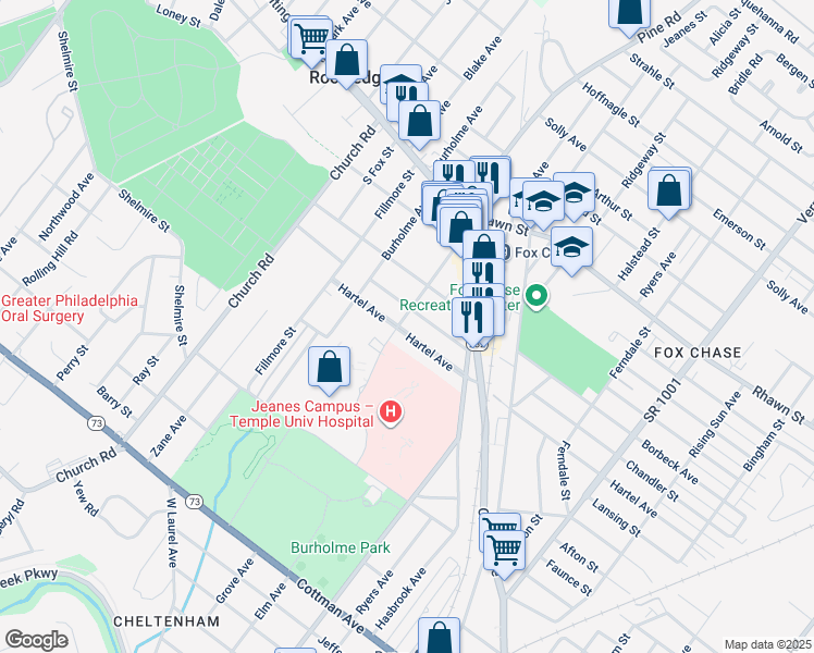 map of restaurants, bars, coffee shops, grocery stores, and more near 7801 Barnes Street in Philadelphia