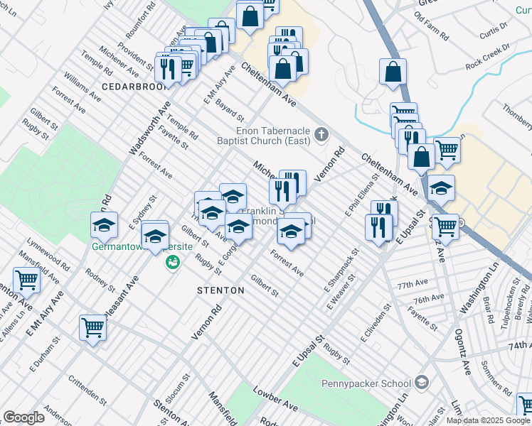 map of restaurants, bars, coffee shops, grocery stores, and more near 8033 Fayette Street in Philadelphia