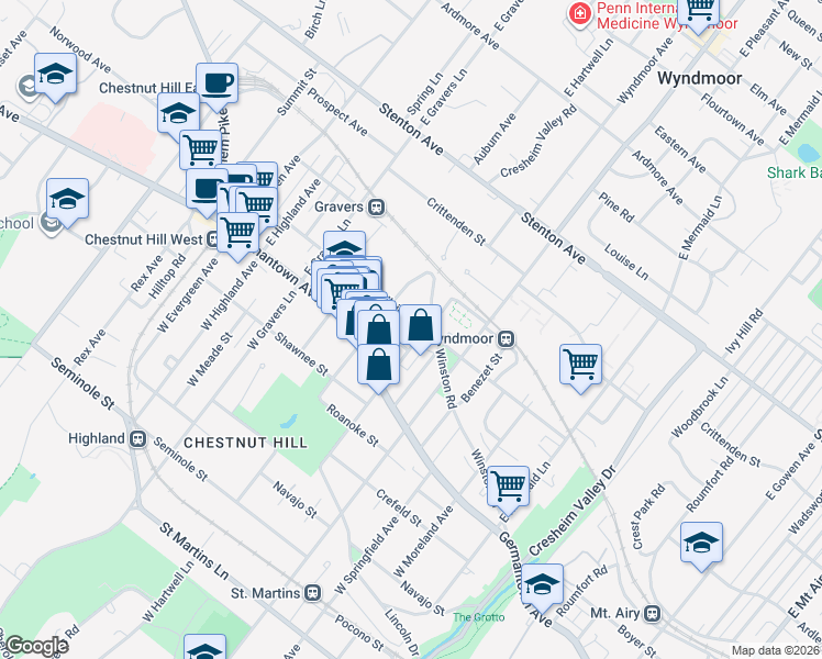 map of restaurants, bars, coffee shops, grocery stores, and more near 8132 Ardleigh Street in Philadelphia