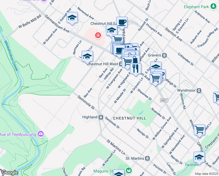 map of restaurants, bars, coffee shops, grocery stores, and more near 150 West Evergreen Avenue in Philadelphia