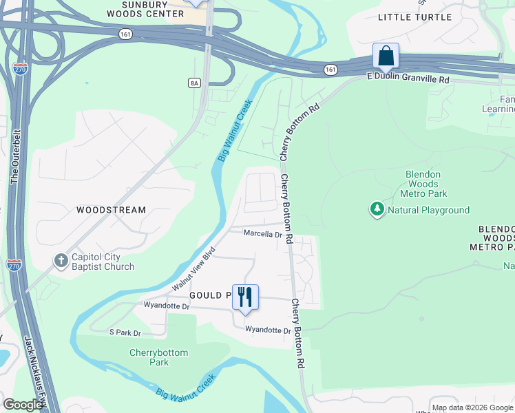 map of restaurants, bars, coffee shops, grocery stores, and more near 4696 White Flower Lane in Gahanna