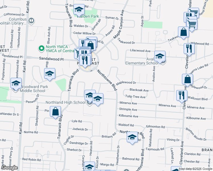 map of restaurants, bars, coffee shops, grocery stores, and more near 2031 Fleetwood Drive in Columbus