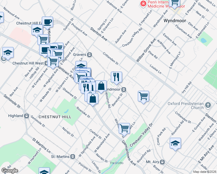 map of restaurants, bars, coffee shops, grocery stores, and more near 8017 Winston Road in Philadelphia
