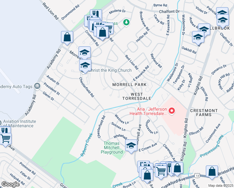 map of restaurants, bars, coffee shops, grocery stores, and more near 3312 South Keswick Circle in Philadelphia