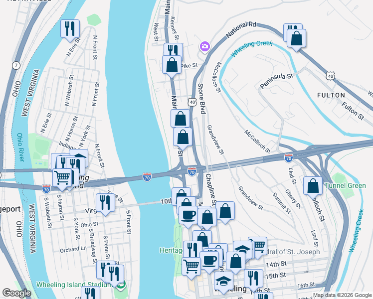 map of restaurants, bars, coffee shops, grocery stores, and more near 21 8th Street in Wheeling