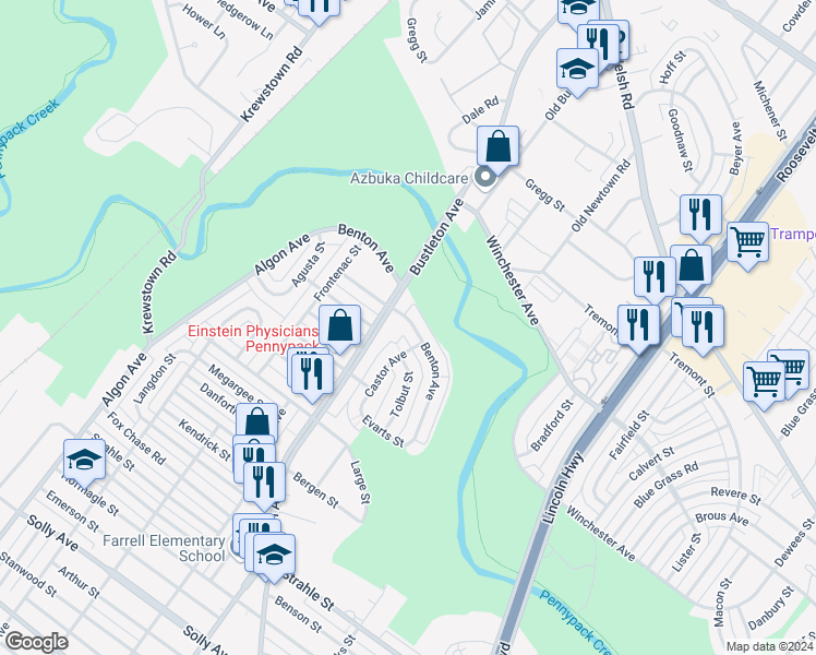 map of restaurants, bars, coffee shops, grocery stores, and more near 1916 Benton Avenue in Philadelphia
