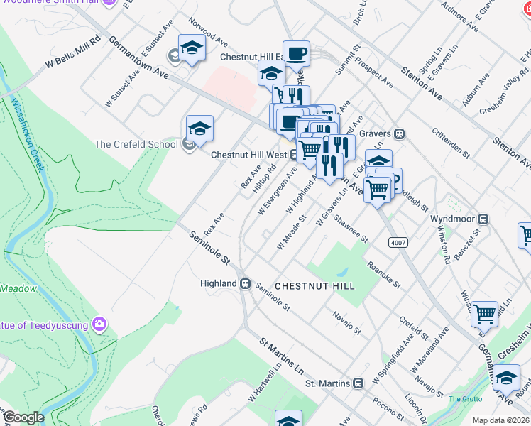 map of restaurants, bars, coffee shops, grocery stores, and more near 150 West Evergreen Avenue in Philadelphia