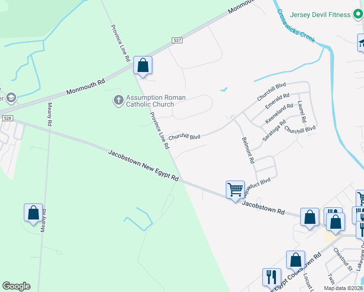map of restaurants, bars, coffee shops, grocery stores, and more near 6 Province Line Road in Plumsted