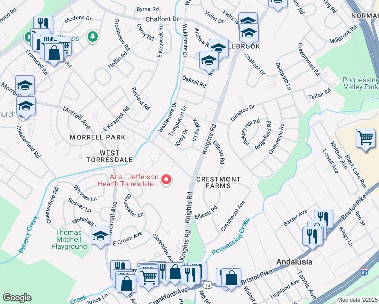 map of restaurants, bars, coffee shops, grocery stores, and more near 10905 Kipling Lane in Philadelphia