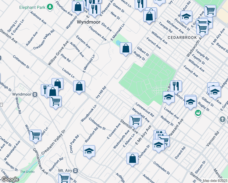 map of restaurants, bars, coffee shops, grocery stores, and more near 8621 Mansfield Avenue in Philadelphia