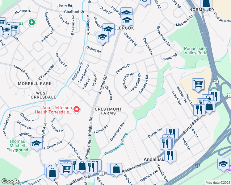 map of restaurants, bars, coffee shops, grocery stores, and more near 174 Dimarco Drive in Philadelphia