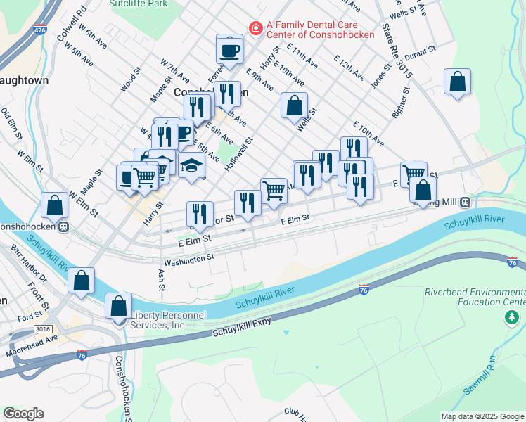 map of restaurants, bars, coffee shops, grocery stores, and more near 418 East Hector Street in Conshohocken