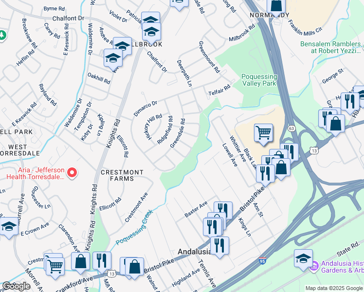 map of restaurants, bars, coffee shops, grocery stores, and more near 216 Wickley Road in Philadelphia