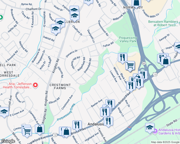 map of restaurants, bars, coffee shops, grocery stores, and more near 216 Wickley Road in Philadelphia