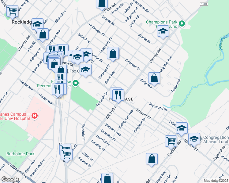 map of restaurants, bars, coffee shops, grocery stores, and more near 815 Rhawn Street in Philadelphia