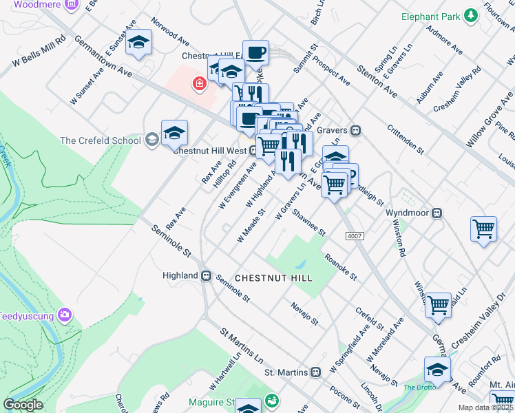map of restaurants, bars, coffee shops, grocery stores, and more near 126 West Highland Avenue in Philadelphia