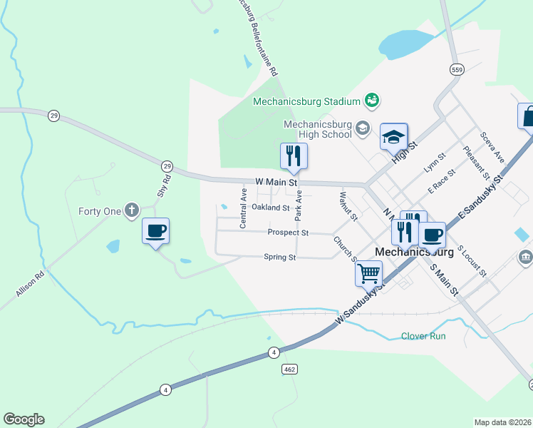 map of restaurants, bars, coffee shops, grocery stores, and more near 37 Oakland Street in Mechanicsburg