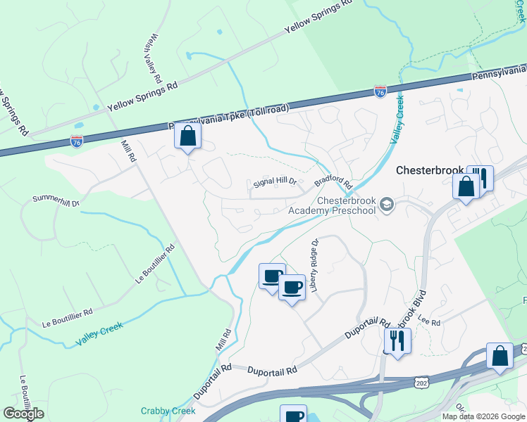 map of restaurants, bars, coffee shops, grocery stores, and more near 44 Woodstream Drive in Chesterbrook