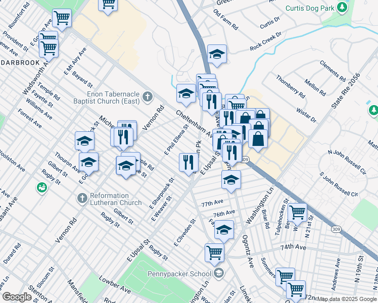 map of restaurants, bars, coffee shops, grocery stores, and more near 7813 Bayard Street in Philadelphia