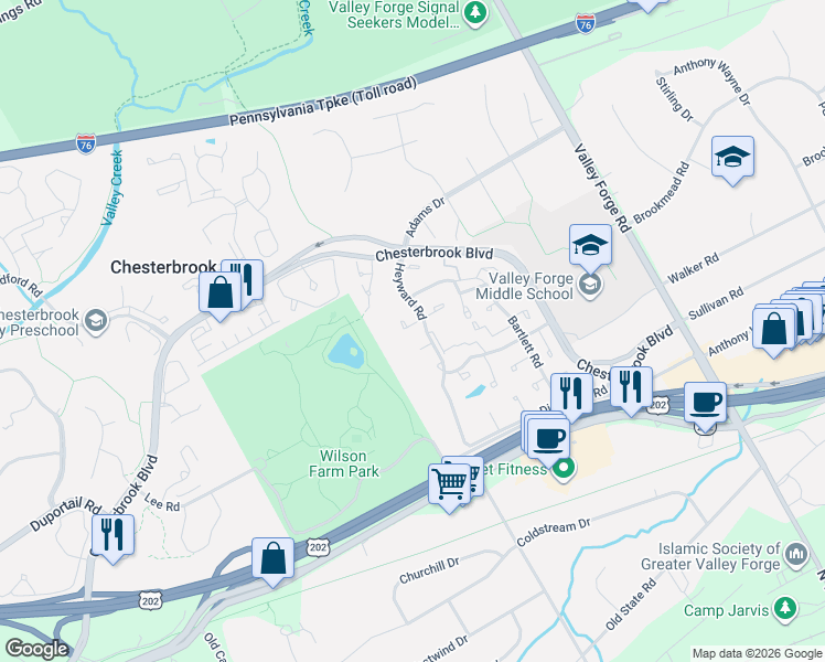 map of restaurants, bars, coffee shops, grocery stores, and more near 20 Knox Court in Chesterbrook