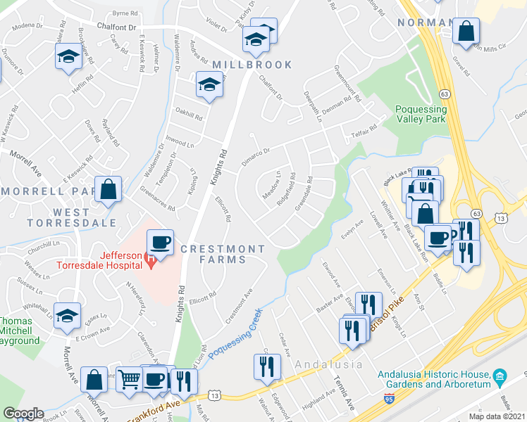 map of restaurants, bars, coffee shops, grocery stores, and more near 102 Hickory Hill Road in Philadelphia