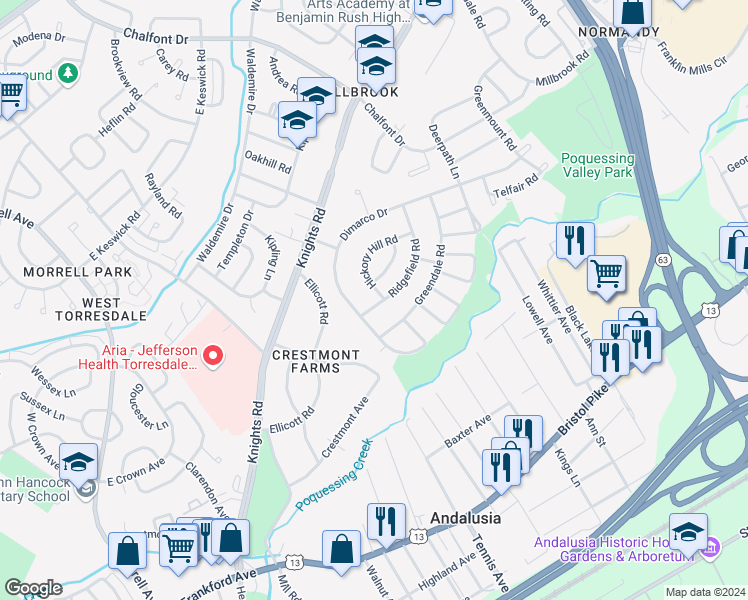 map of restaurants, bars, coffee shops, grocery stores, and more near 102 Hickory Hill Road in Philadelphia