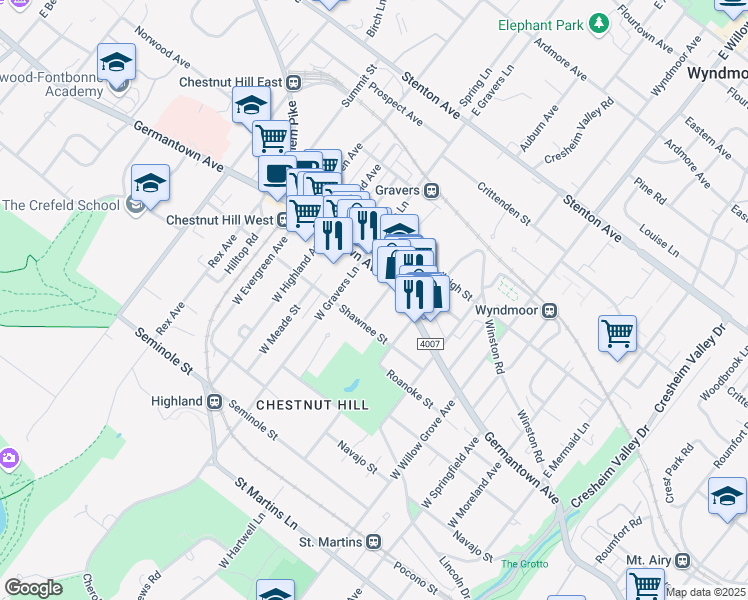 map of restaurants, bars, coffee shops, grocery stores, and more near 19 West Southampton Avenue in Philadelphia