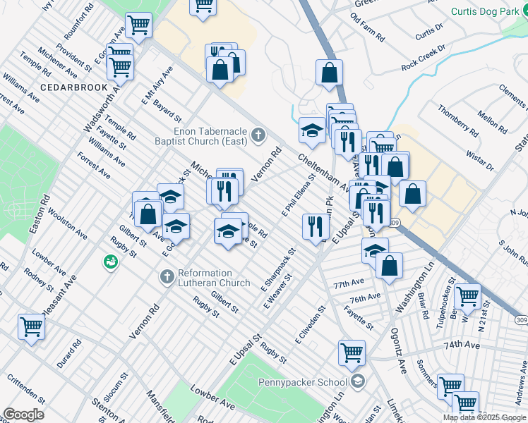 map of restaurants, bars, coffee shops, grocery stores, and more near 7929 Michener Avenue in Philadelphia