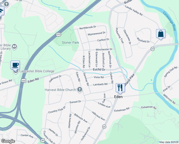 map of restaurants, bars, coffee shops, grocery stores, and more near 1538 Euclid Dr in Lancaster