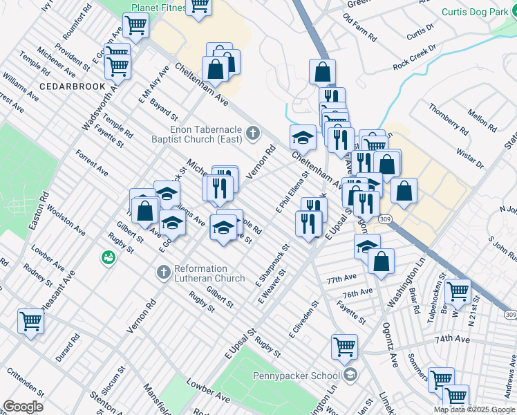 map of restaurants, bars, coffee shops, grocery stores, and more near 7929 Michener Avenue in Philadelphia