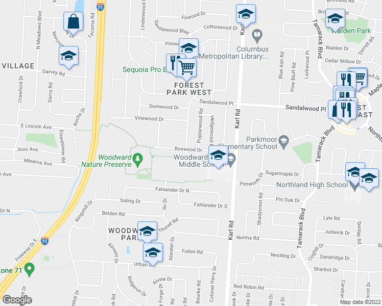 map of restaurants, bars, coffee shops, grocery stores, and more near 1419 Boxwood Dr in Columbus