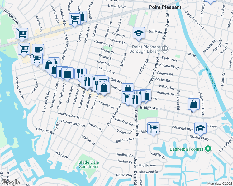map of restaurants, bars, coffee shops, grocery stores, and more near 2410 Hemlock Lane in Point Pleasant