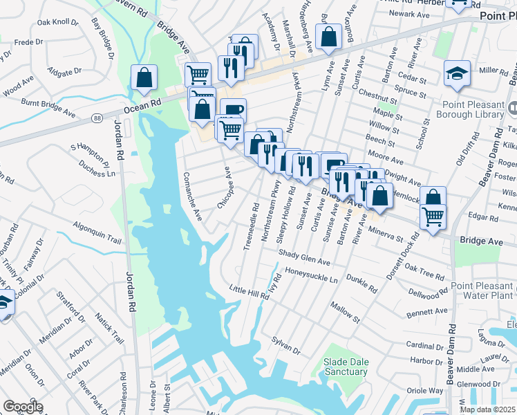 map of restaurants, bars, coffee shops, grocery stores, and more near 1404 Mossbank Road in Point Pleasant