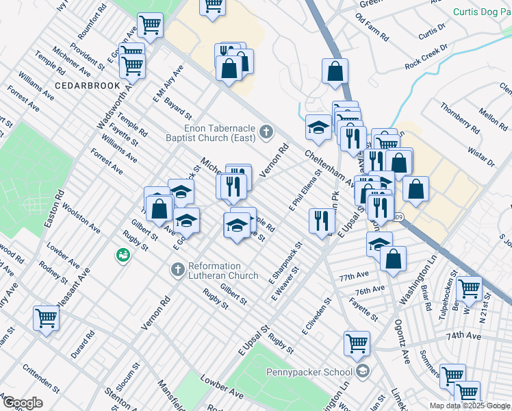map of restaurants, bars, coffee shops, grocery stores, and more near 7958 Michener Avenue in Philadelphia