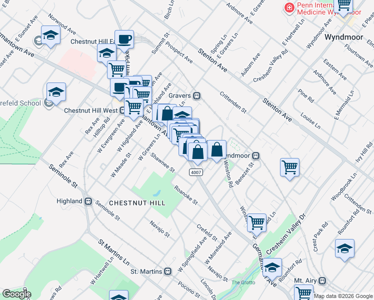 map of restaurants, bars, coffee shops, grocery stores, and more near 121 East Hartwell Lane in Philadelphia