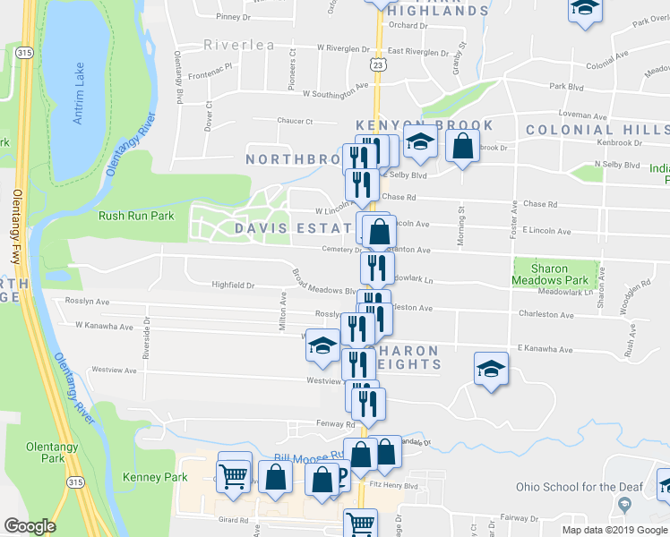 map of restaurants, bars, coffee shops, grocery stores, and more near 60 Broad Meadows Boulevard in Columbus