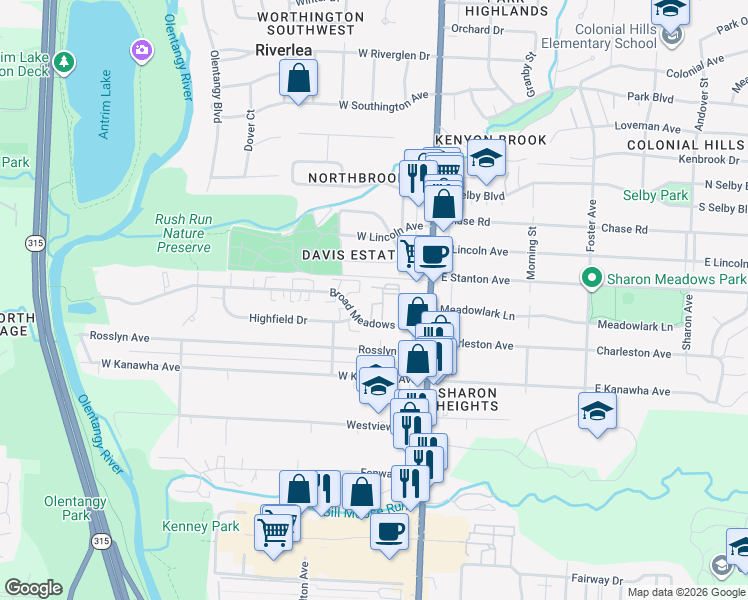 map of restaurants, bars, coffee shops, grocery stores, and more near 122 Broad Meadows Boulevard in Columbus