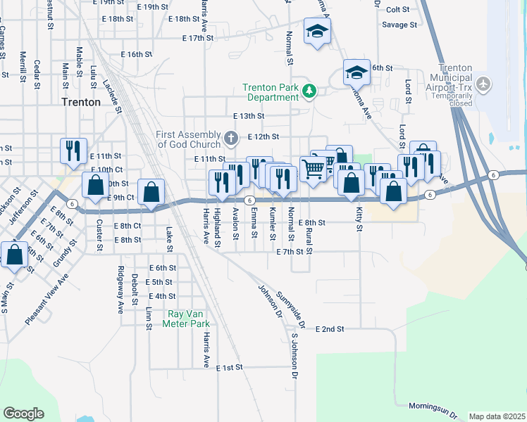 map of restaurants, bars, coffee shops, grocery stores, and more near 800-898 Emma Street in Trenton