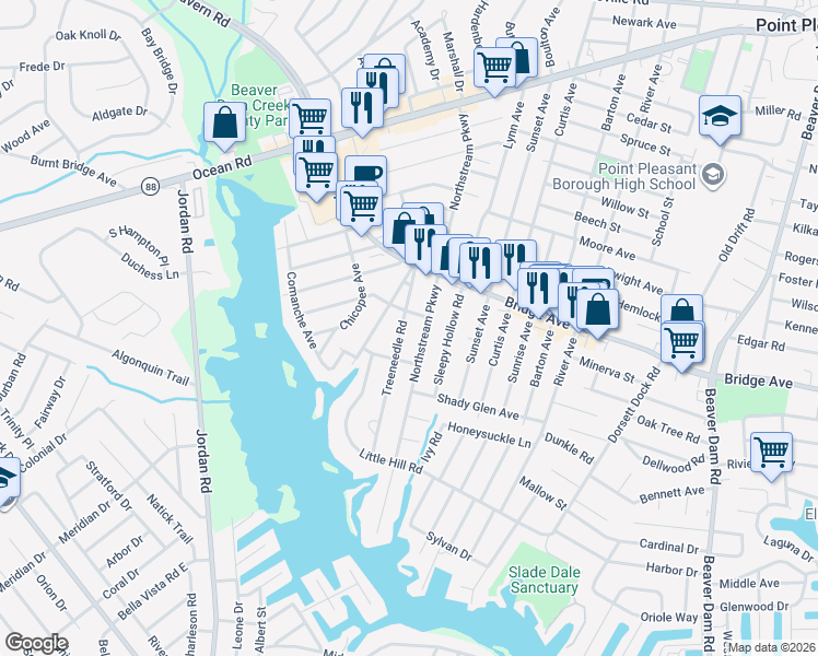 map of restaurants, bars, coffee shops, grocery stores, and more near 1401 Northstream Parkway in Point Pleasant