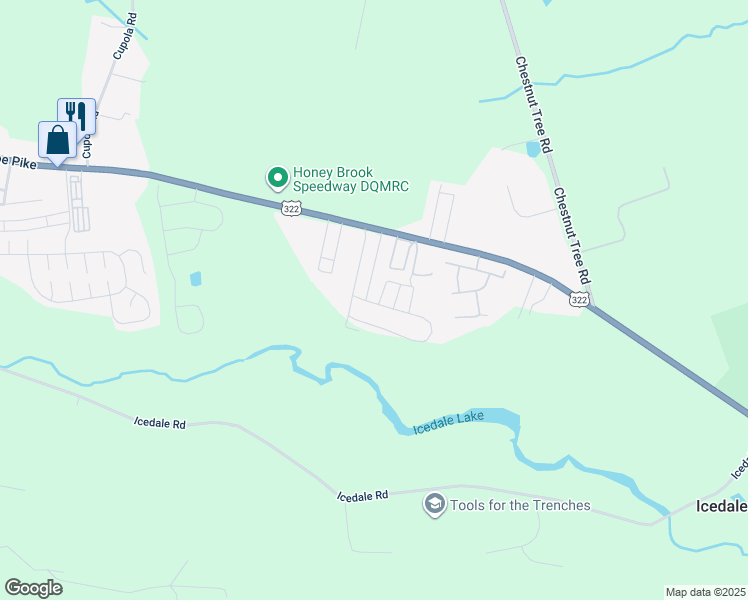 map of restaurants, bars, coffee shops, grocery stores, and more near 125 Erica Circle in Honey Brook
