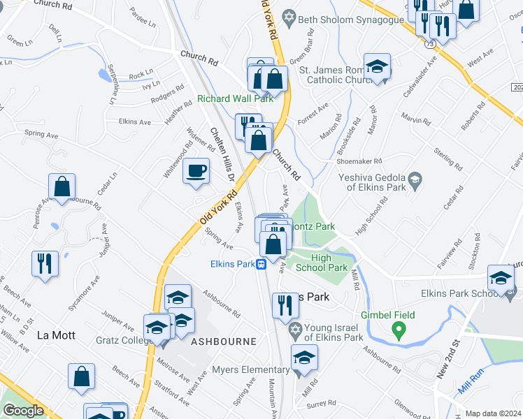 map of restaurants, bars, coffee shops, grocery stores, and more near 7934 Montgomery Avenue in Montgomery County