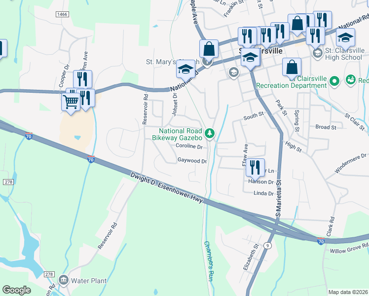 map of restaurants, bars, coffee shops, grocery stores, and more near 107 Coroline Drive in Saint Clairsville