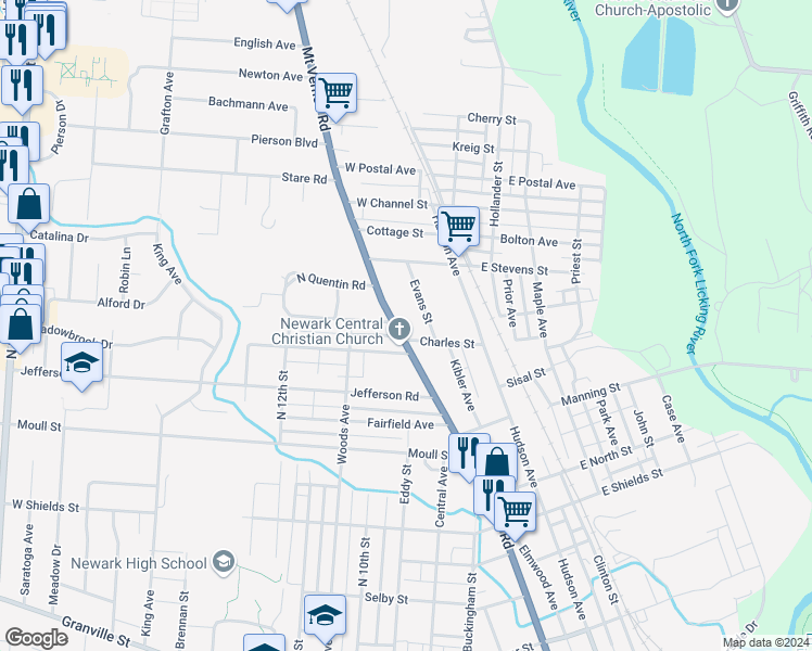 map of restaurants, bars, coffee shops, grocery stores, and more near 612 Mount Vernon Road in Newark