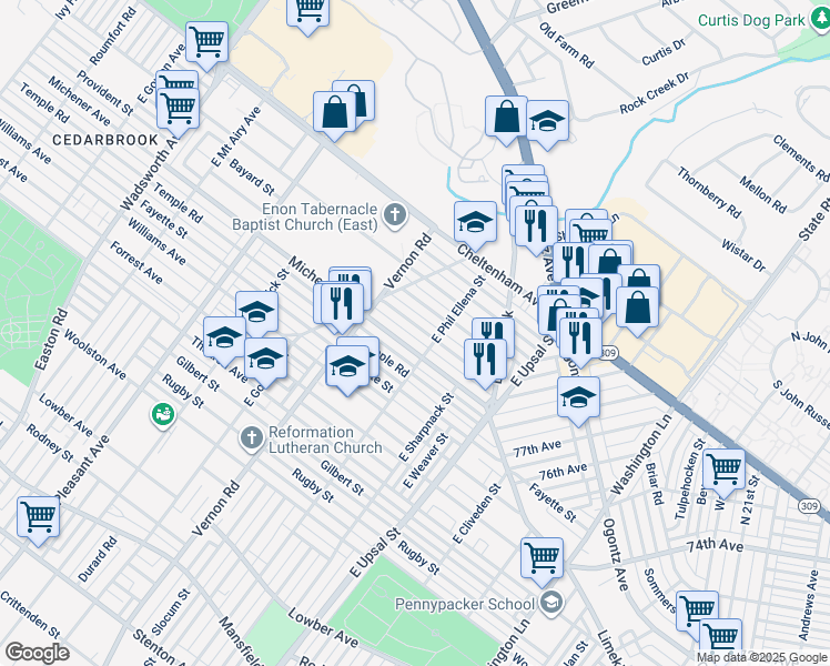 map of restaurants, bars, coffee shops, grocery stores, and more near 7918 Provident Street in Philadelphia