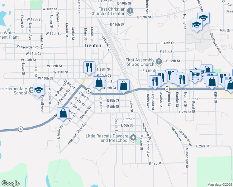 map of restaurants, bars, coffee shops, grocery stores, and more near 507 East 9th Street in Trenton