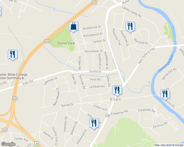 map of restaurants, bars, coffee shops, grocery stores, and more near 1556 Euclid Drive in Lancaster