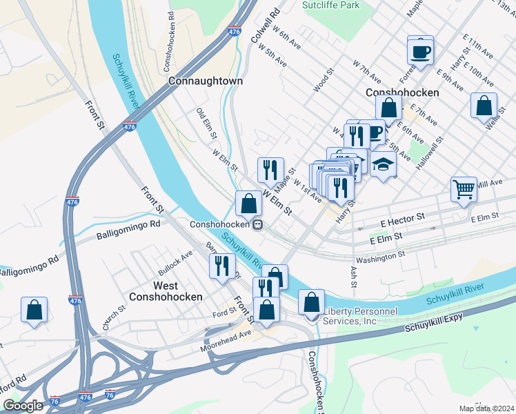 map of restaurants, bars, coffee shops, grocery stores, and more near 300 West Elm Street in Conshohocken