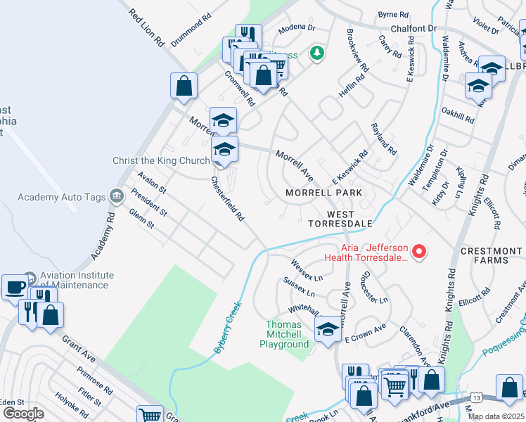 map of restaurants, bars, coffee shops, grocery stores, and more near 3300 South Keswick Plaza in Philadelphia