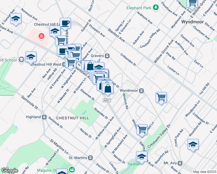 map of restaurants, bars, coffee shops, grocery stores, and more near 8139 Devon St in Philadelphia